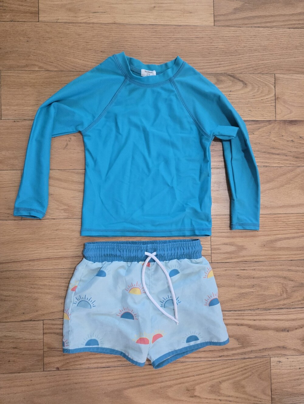 Bonbon Kids Long Sleeve Turquoise Rash Guard & Sunrise Print Swim Set 3T-4T